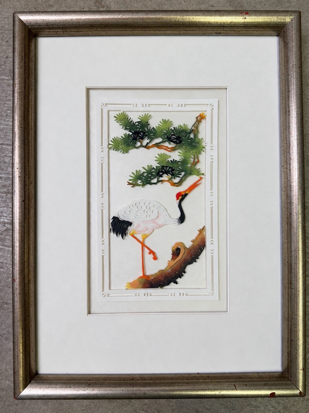 Vintage 1970’s Dimensional Layered Paper-Cut Artwork Asian Inspired Crane/Tree